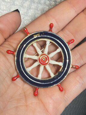 Vintage Ship Wheel Brooch Nautical Enamel Red Blue White 2.4"